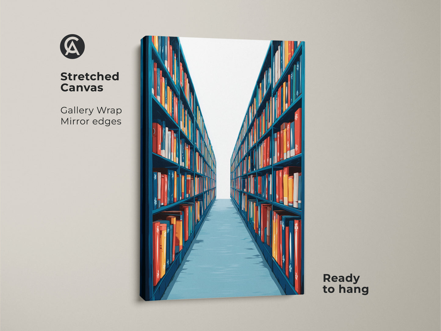 Stretched Canvas featuring a Library Bookshelf with teal and red books. This bookish wall art is ready to hang. Perfect for adding a touch of contemporary style to your home office or study room as unique decor.