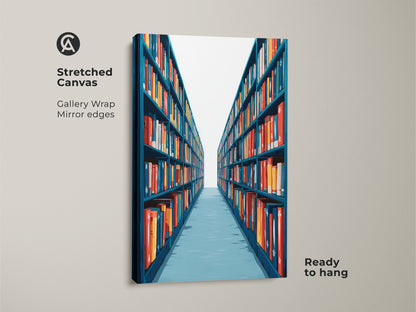 Stretched Canvas featuring a Library Bookshelf with teal and red books. This bookish wall art is ready to hang. Perfect for adding a touch of contemporary style to your home office or study room as unique decor.