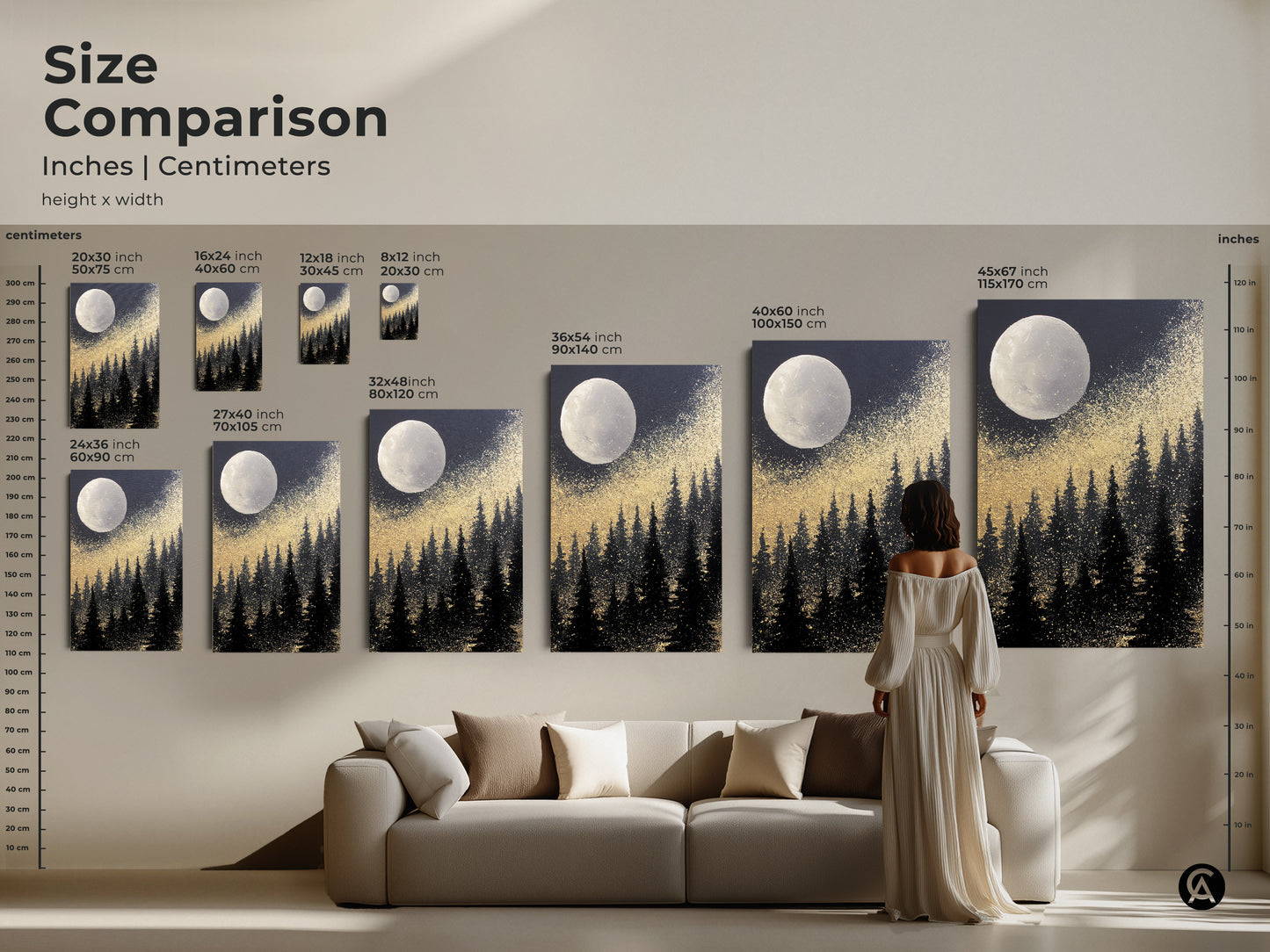 Compare sizes of the Abstract Moon Forest canvas art in inches and centimeters. Options range from 20x30 cm to 45x67 inch. Visualize how this artwork fits above your sofa. Choose the perfect scale for your living room wall hanging. This comparison guide helps you select the ideal piece for your home decor.