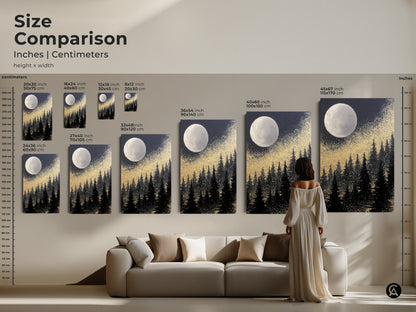 Compare sizes of the Abstract Moon Forest canvas art in inches and centimeters. Options range from 20x30 cm to 45x67 inch. Visualize how this artwork fits above your sofa. Choose the perfect scale for your living room wall hanging. This comparison guide helps you select the ideal piece for your home decor.