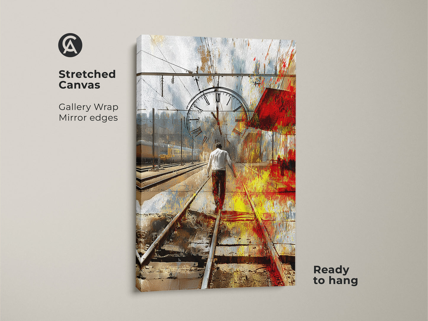 Stretched Canvas Print of a man walking on train tracks. The gallery wrap has mirrored edges and is ready to hang. The surreal time clock artwork uses red yellow and blue abstract colors. Eclectic office wall decor.