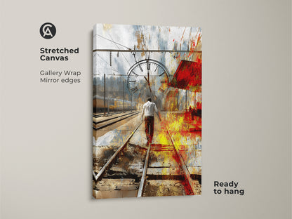 Stretched Canvas Print of a man walking on train tracks. The gallery wrap has mirrored edges and is ready to hang. The surreal time clock artwork uses red yellow and blue abstract colors. Eclectic office wall decor.