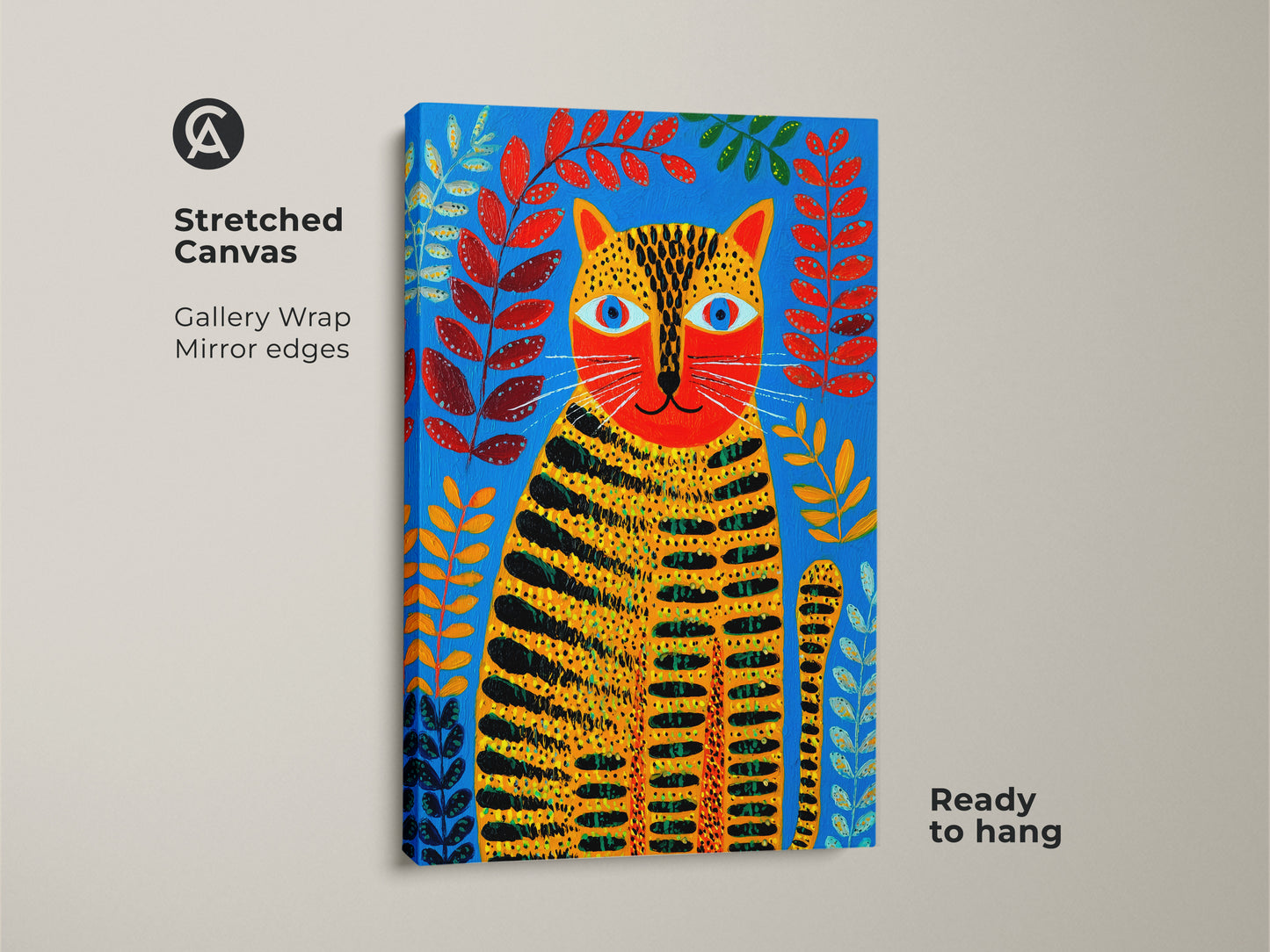 A stretched canvas gallery wrap print is ready to hang. It features a folk art tiger cat with blue orange and red botanical elements. This animal art would look great in a living room.