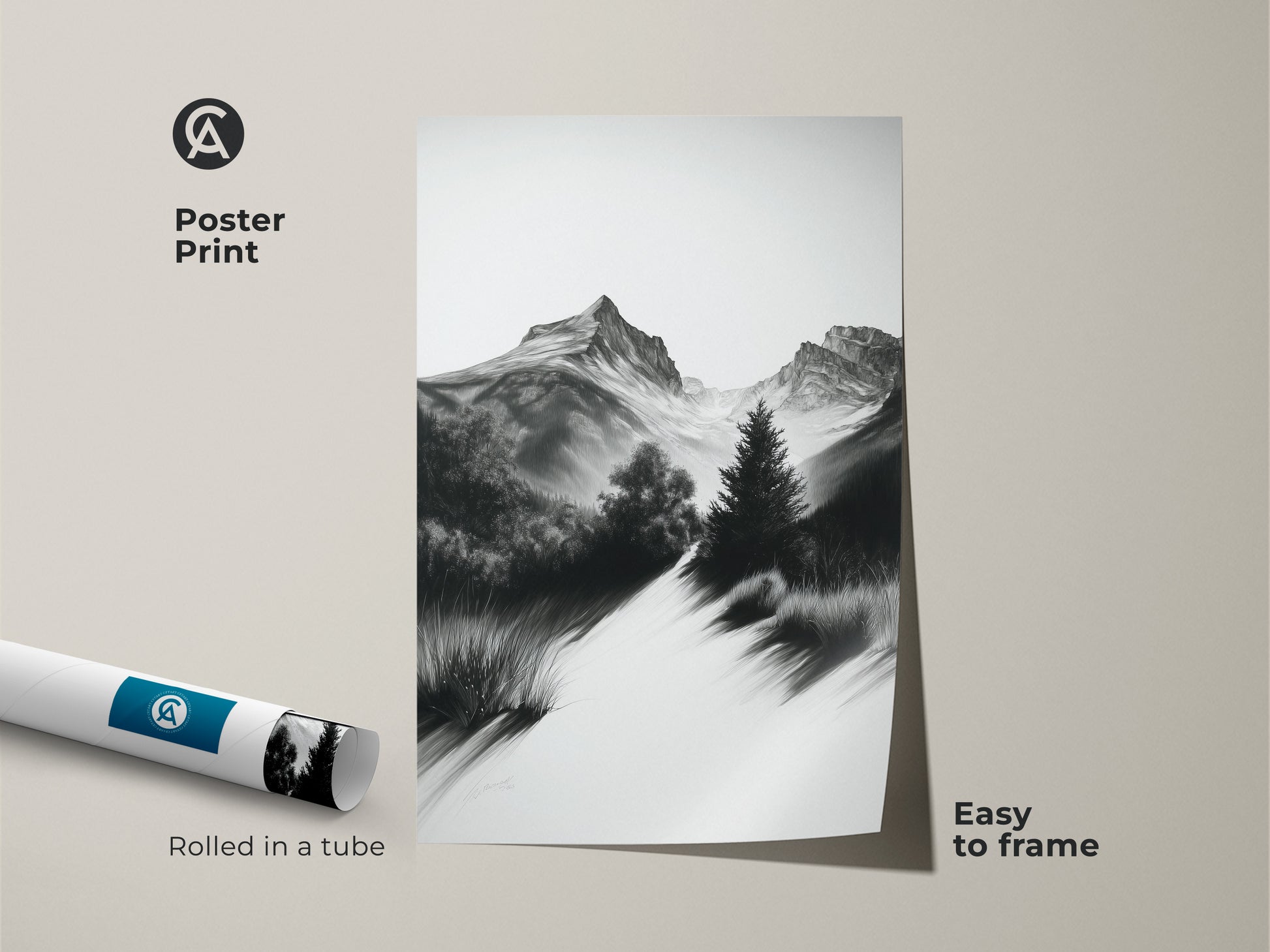 Poster print of a monochrome mountain path. The black and white nature art is rolled in a tube for easy framing. A minimalist sketch for any office or home. Great hiking trail art print.