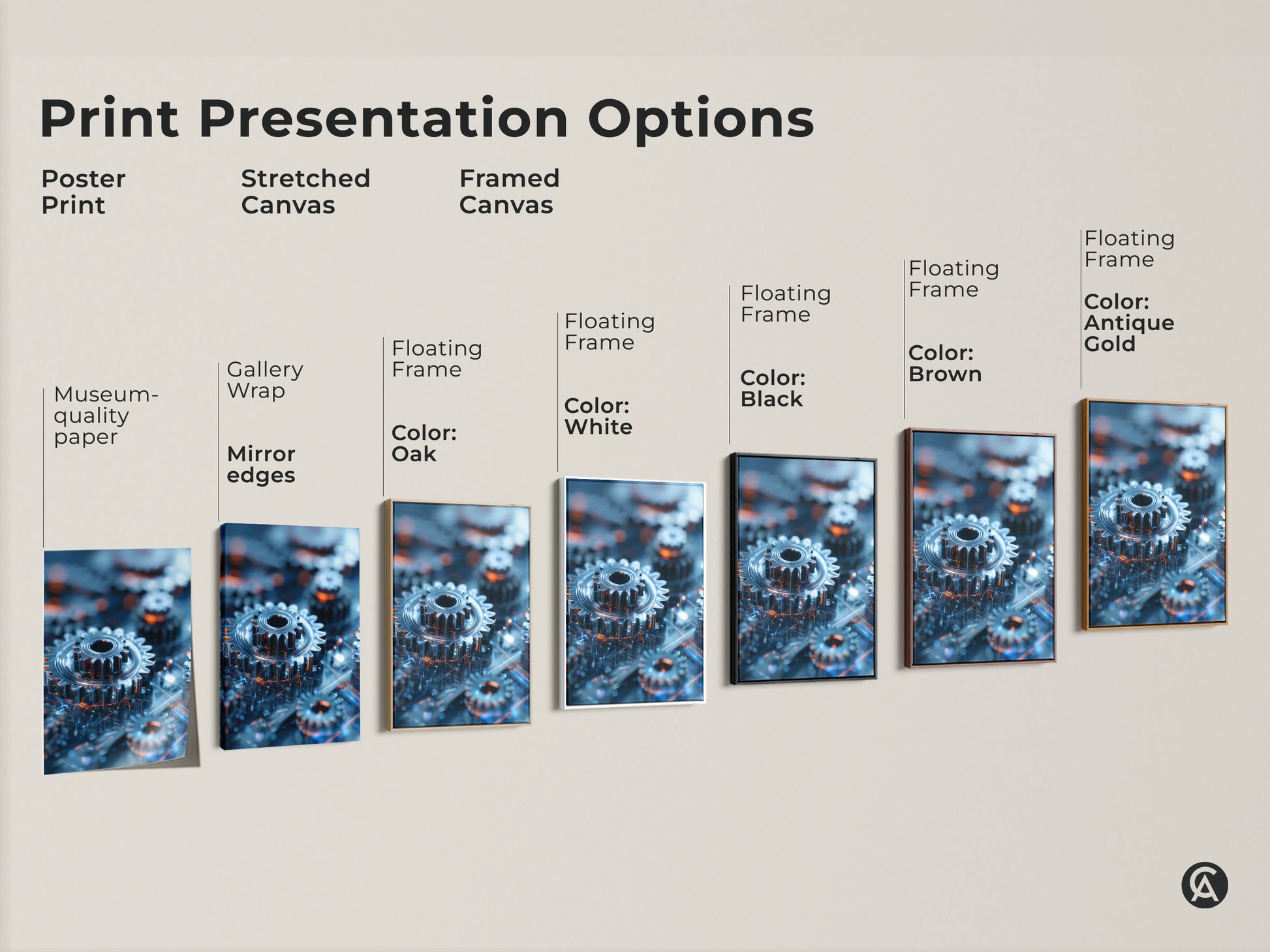 Explore print presentation options for abstract gears artwork. Choose from poster prints stretched canvas or framed canvas. Each style enhances the industrial technology art. Find the perfect fit for your space. Options include museum-quality paper gallery wrap and floating frames in various colors. Elevate your tech-themed home decor today.