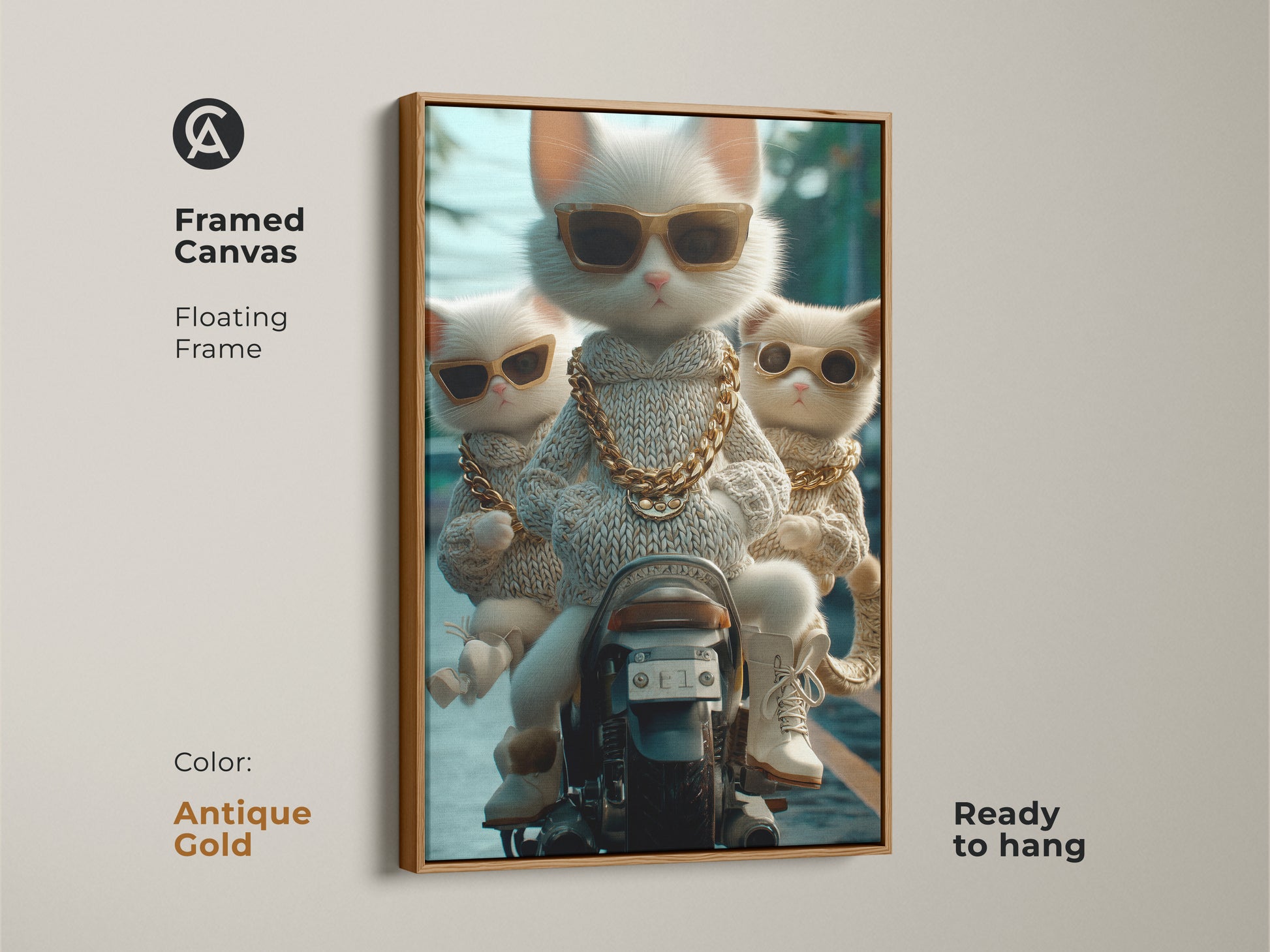 A framed canvas with a floating frame in antique gold. The artwork shows three cool cats riding a motorcycle. The cats are wearing sunglasses and gold chains. This ready-to-hang artwork adds a unique touch to your home decor. A perfect piece for cat art collectors.