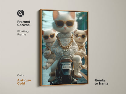 A framed canvas with a floating frame in antique gold. The artwork shows three cool cats riding a motorcycle. The cats are wearing sunglasses and gold chains. This ready-to-hang artwork adds a unique touch to your home decor. A perfect piece for cat art collectors.