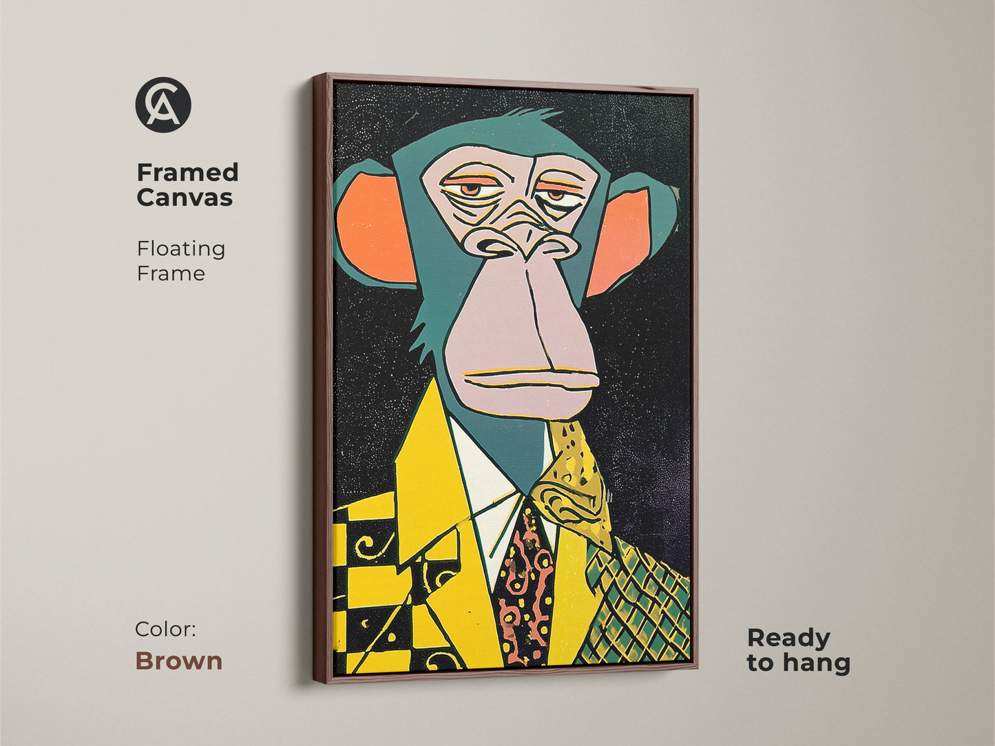 This framed canvas artwork features a unique ape in a suit. The floating frame is in a rich brown color. The artwork is ready to hang and will add a touch of elegance to any room. This art piece is a great addition to your decor.