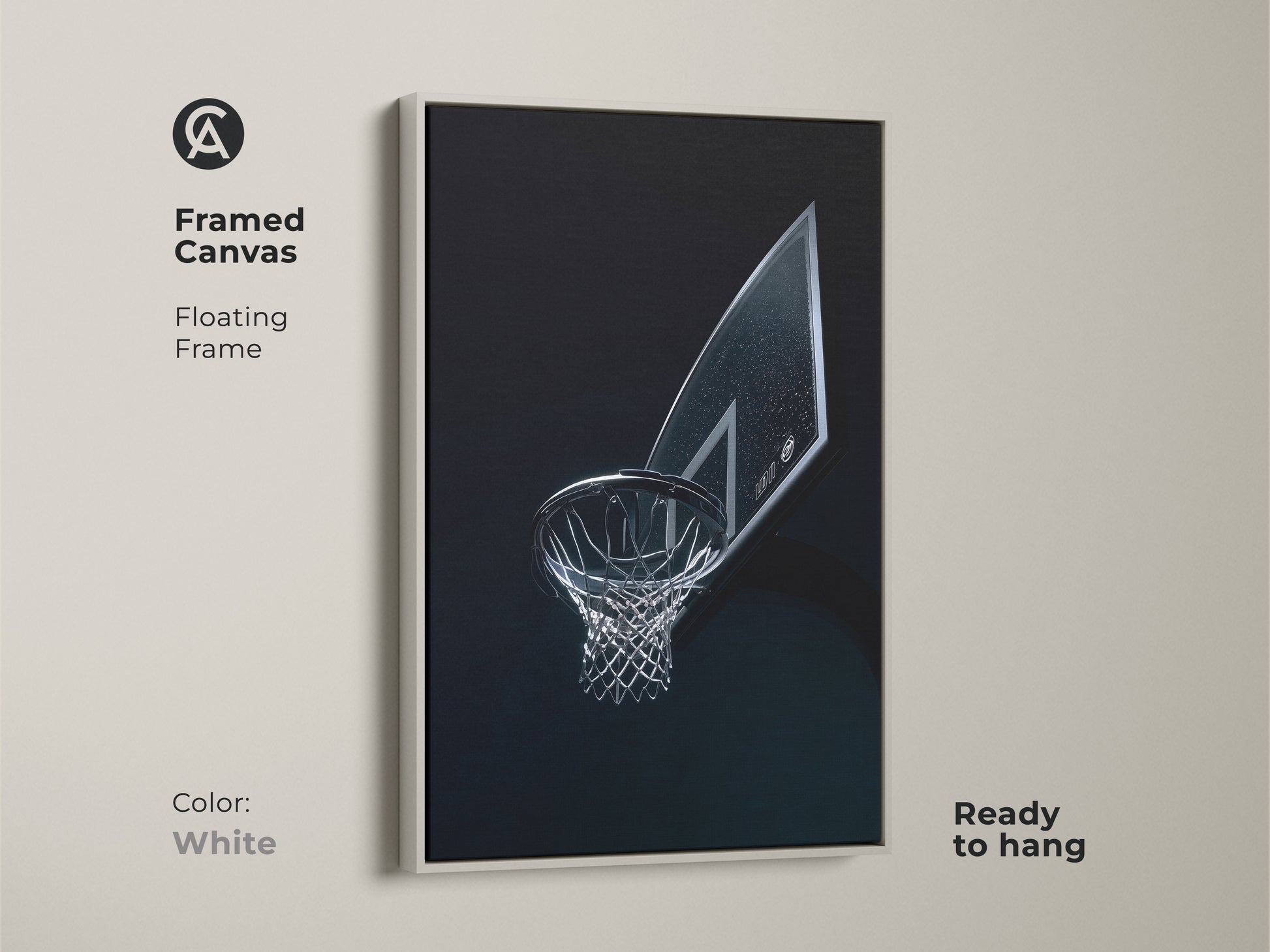 A framed canvas basketball hoop artwork with a white floating frame. This modern sports art adds a minimalist touch to any room. A perfect gift for him sports or basketball game art.