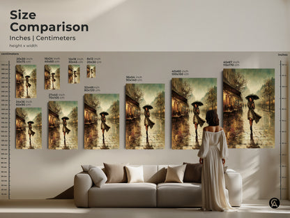 Size comparison of the Paris cafe art print in inches and centimeters. See how the artwork looks in different sizes above a sofa. Available as canvas or poster print. Choose the perfect size for your living room with this teal yellow brown artwork. Sizes range from small to large.