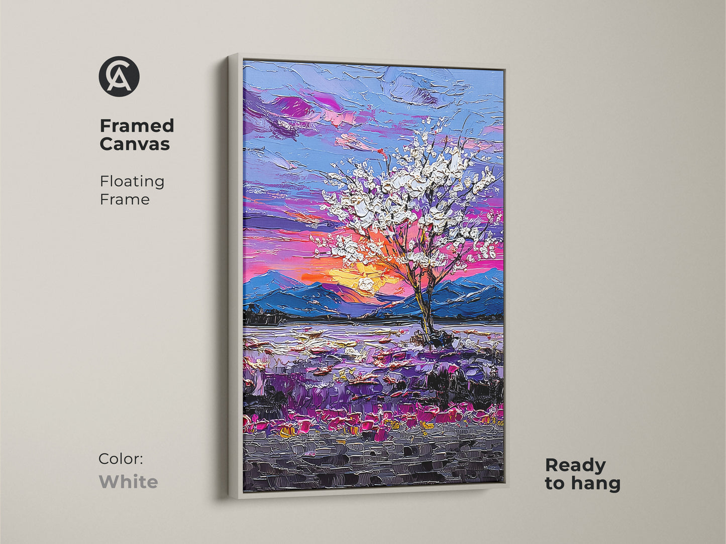 Brighten your home with our Framed Botanical Tree Art Print. The white floating frame complements the impressionist purple sunset landscape. A contemporary wall art piece ready to hang in any room.