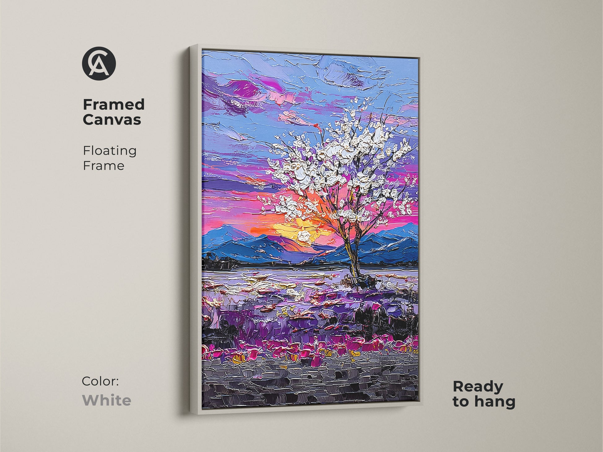 Brighten your home with our Framed Botanical Tree Art Print. The white floating frame complements the impressionist purple sunset landscape. A contemporary wall art piece ready to hang in any room.