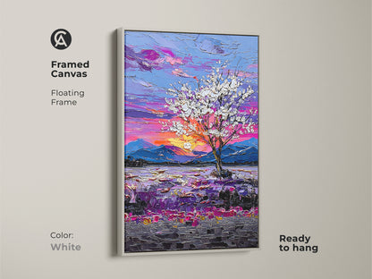 Brighten your home with our Framed Botanical Tree Art Print. The white floating frame complements the impressionist purple sunset landscape. A contemporary wall art piece ready to hang in any room.