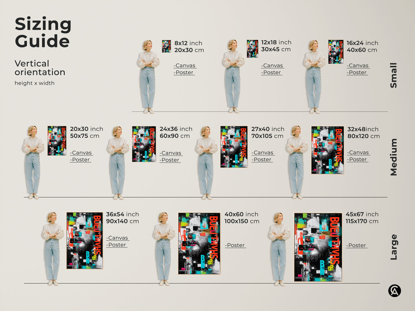 Sizing guide for vertical abstract glitch art. Available as canvas or poster in sizes from small to large. Urban man face wall art in red black and teal abstract. Contemporary office wall decor or modern art print. Unique man portrait canvas.