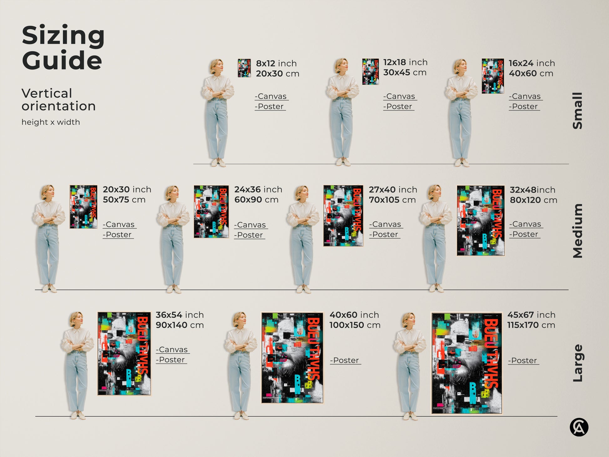Sizing guide for vertical abstract glitch art. Available as canvas or poster in sizes from small to large. Urban man face wall art in red black and teal abstract. Contemporary office wall decor or modern art print. Unique man portrait canvas.