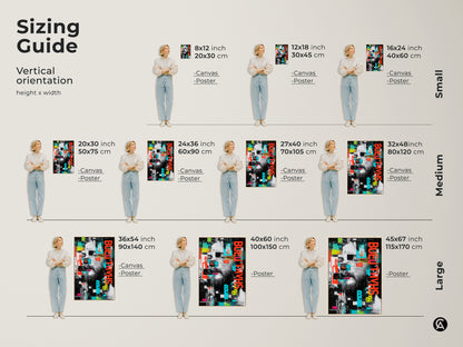 Sizing guide for vertical abstract glitch art. Available as canvas or poster in sizes from small to large. Urban man face wall art in red black and teal abstract. Contemporary office wall decor or modern art print. Unique man portrait canvas.