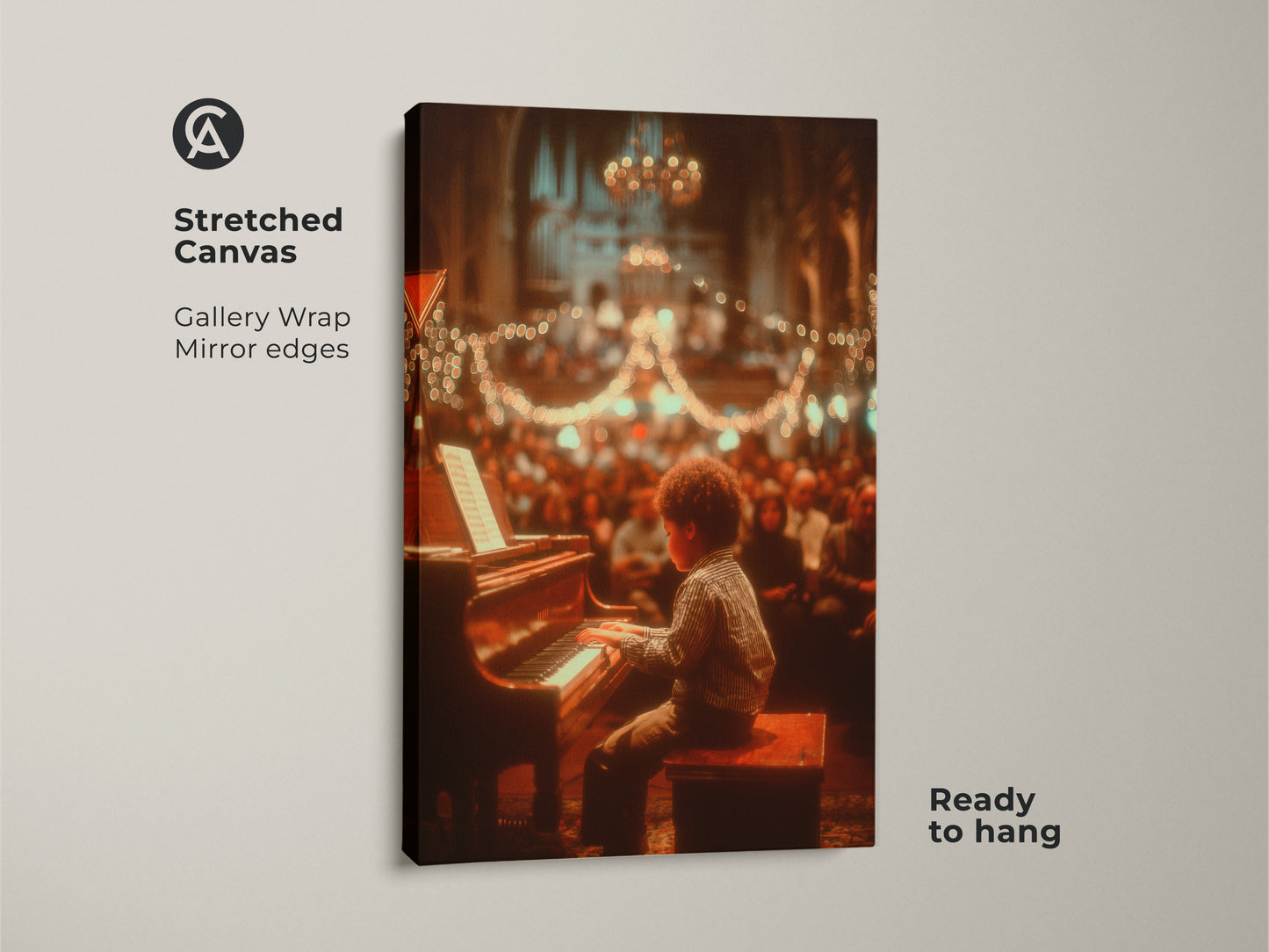 This is a gallery wrapped canvas print of a young boy playing piano. The artwork features mirror edges. It comes ready to hang. The art captures a beautiful moment. It's perfect for music lovers.