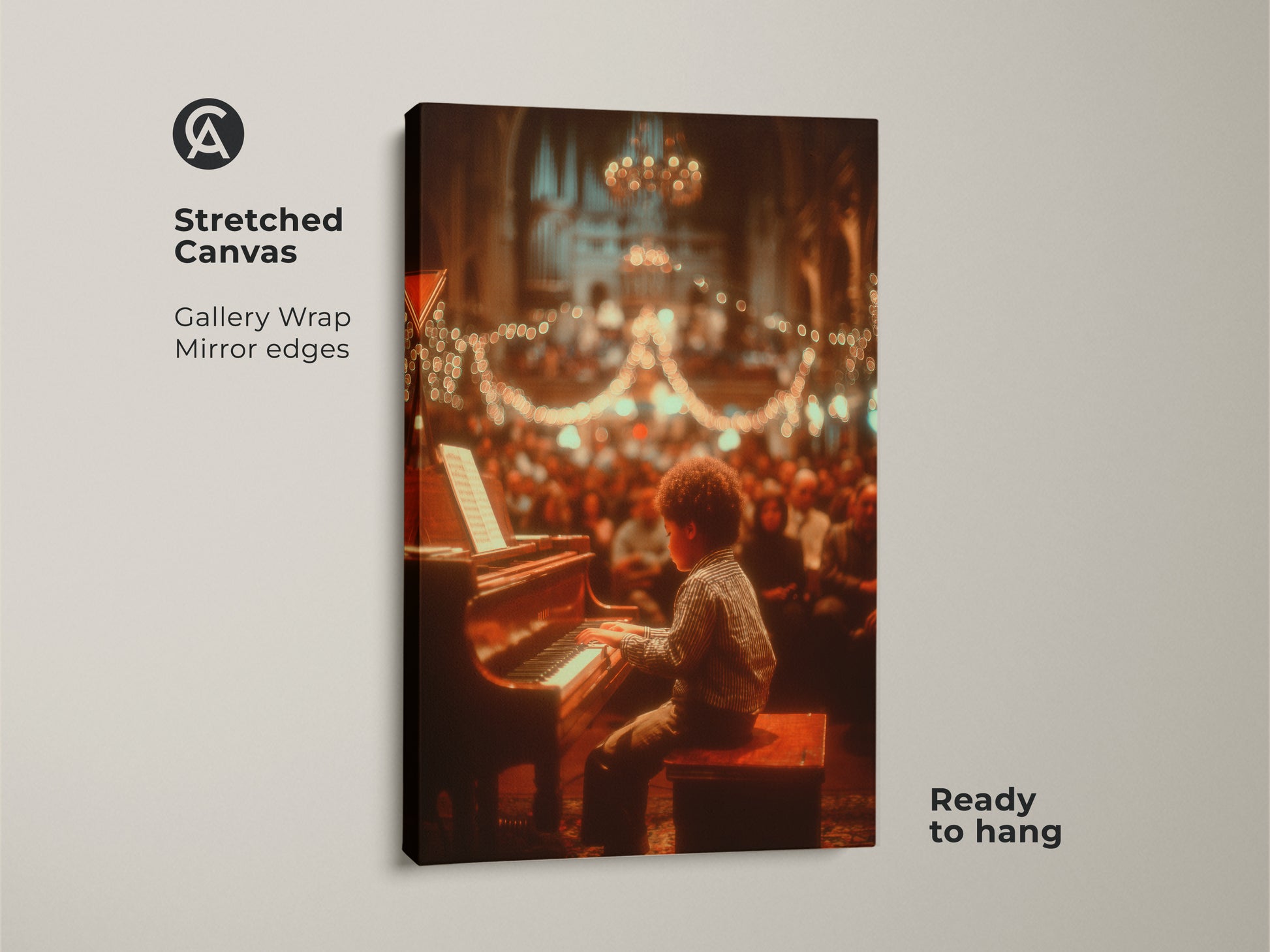 This is a gallery wrapped canvas print of a young boy playing piano. The artwork features mirror edges. It comes ready to hang. The art captures a beautiful moment. It's perfect for music lovers.