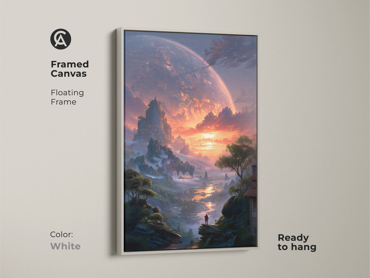 Framed canvas in a floating white frame showcasing sci-fi art. Bring an otherworldly landscape to your walls with this unique print. Ready to hang this epic fantasy artwork is perfect for a home office or study. The alien planet view features contemporary deep blue and orange hues.