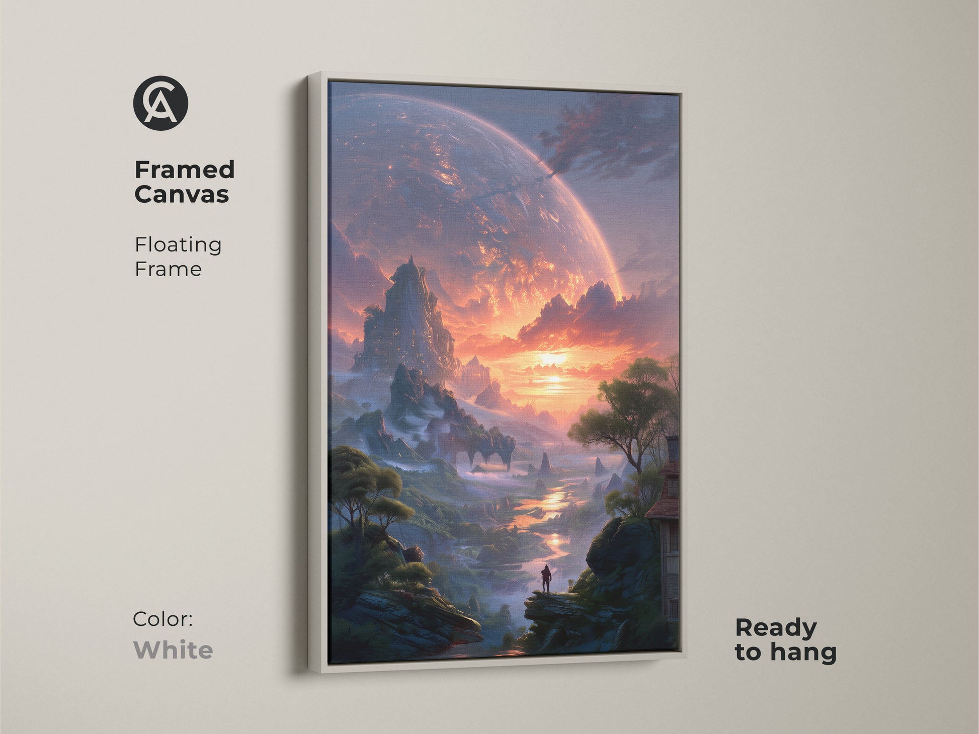 Framed canvas in a floating white frame showcasing sci-fi art. Bring an otherworldly landscape to your walls with this unique print. Ready to hang this epic fantasy artwork is perfect for a home office or study. The alien planet view features contemporary deep blue and orange hues.