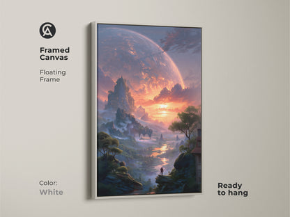 Framed canvas in a floating white frame showcasing sci-fi art. Bring an otherworldly landscape to your walls with this unique print. Ready to hang this epic fantasy artwork is perfect for a home office or study. The alien planet view features contemporary deep blue and orange hues.