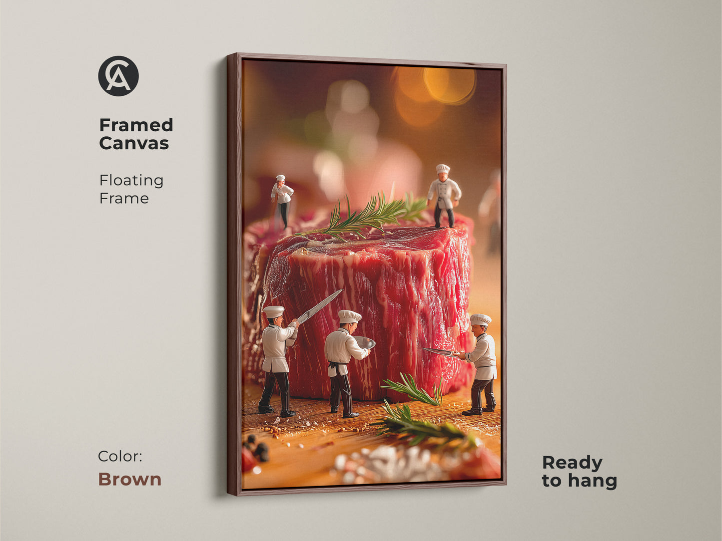 Brown framed canvas featuring miniature chefs meticulously carving a raw steak. The floating frame enhances this ready-to-hang food art. A warm addition to kitchens this artwork brings culinary charm.
