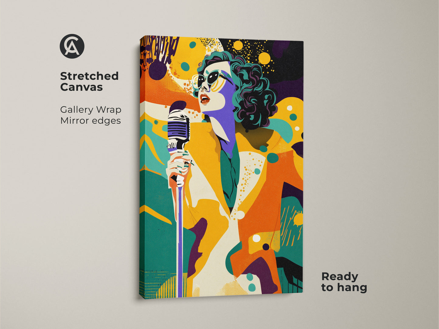 Stretched canvas art of a retro pop art singer. This gallery-wrapped canvas features mirror edges. The artwork showcases a singer with a vintage microphone. It is ready to hang as eclectic music decor.