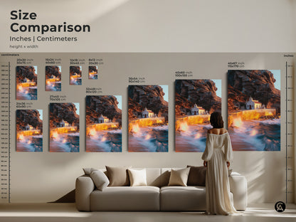 Size comparison displays coastal chapel art prints in inches and centimeters for precise planning. Different sizes showcase dramatic ocean waves and warm earth tones against a neutral sofa. Perfect traveler gift or housewarming art for entry hall wall decor.