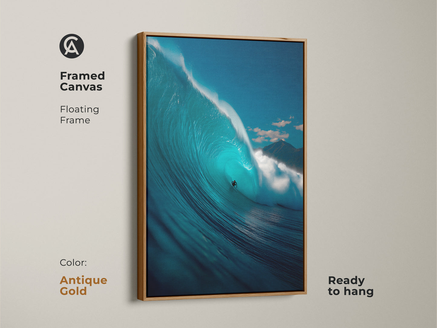 Antique gold framed canvas print of a surfer riding a massive wave. This floating frame adds vintage charm to the ocean artwork. The canvas is ready to hang. This is a unique coastal art piece.
