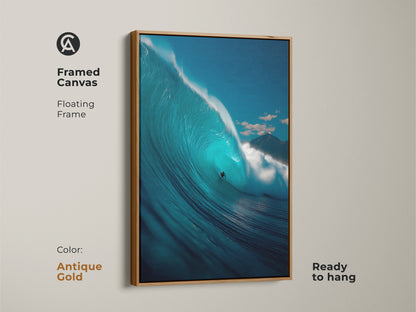 Antique gold framed canvas print of a surfer riding a massive wave. This floating frame adds vintage charm to the ocean artwork. The canvas is ready to hang. This is a unique coastal art piece.