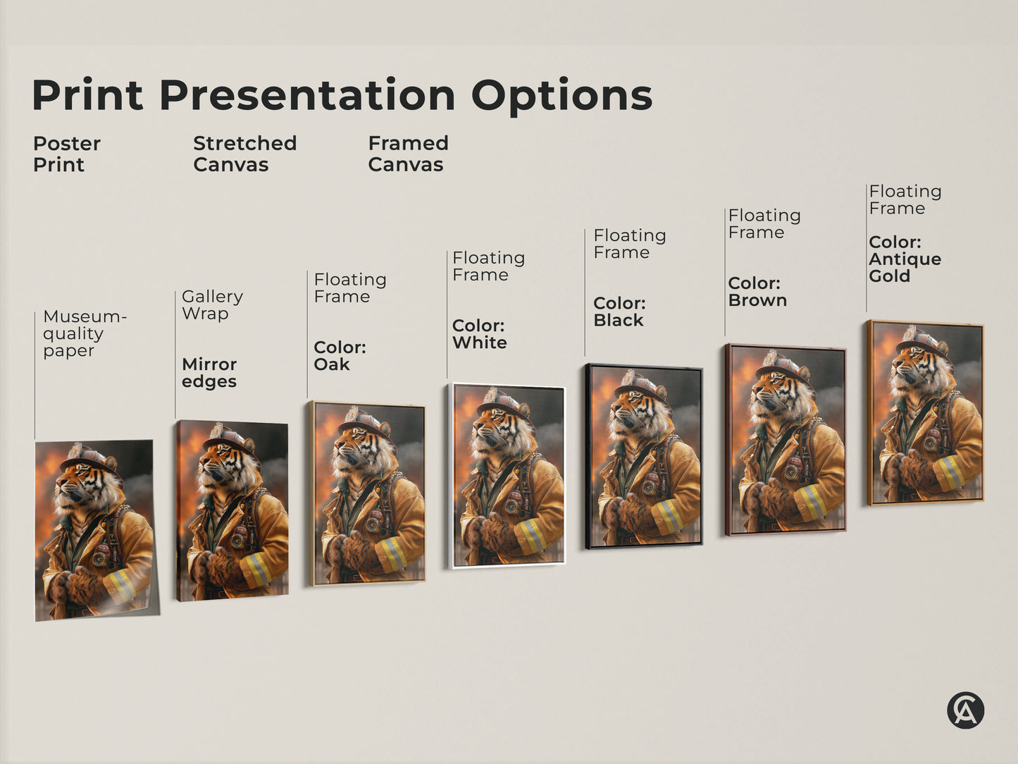 A visual guide showcasing the variety of print presentation options available. The options include poster prints stretched canvas and framed canvas in oak white black brown and antique gold. Tiger firefighter artwork on display.