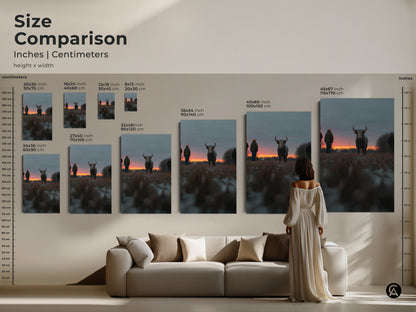 Size comparison of rustic bull sunset prints in inches and centimeters. See how the artwork fits above a sofa. Sizes range from 20x30 inch to 115x170 cm. This farmhouse wall decor is perfect for any living space. The animal landscape wall art adds a touch of nature