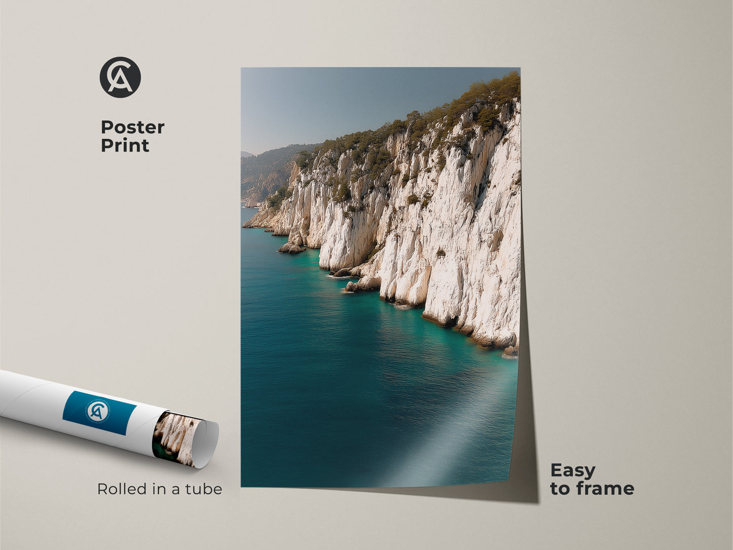Poster print of ocean cliff coastal artwork rolled in a tube. It is an easy-to-frame beach lover housewarming gift. A realistic ocean nature artwork capturing seaside landscape.