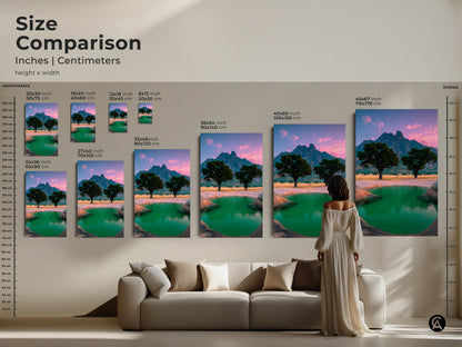 Compare sizes of this African landscape canvas art. Sizes range from 8x12 to 45x67 inches. The acacia trees and green water oasis create a stunning nature scene. Ideal for eclectic home decor. This mountain view print is a perfect housewarming gift. It fits beautifully above any sofa.