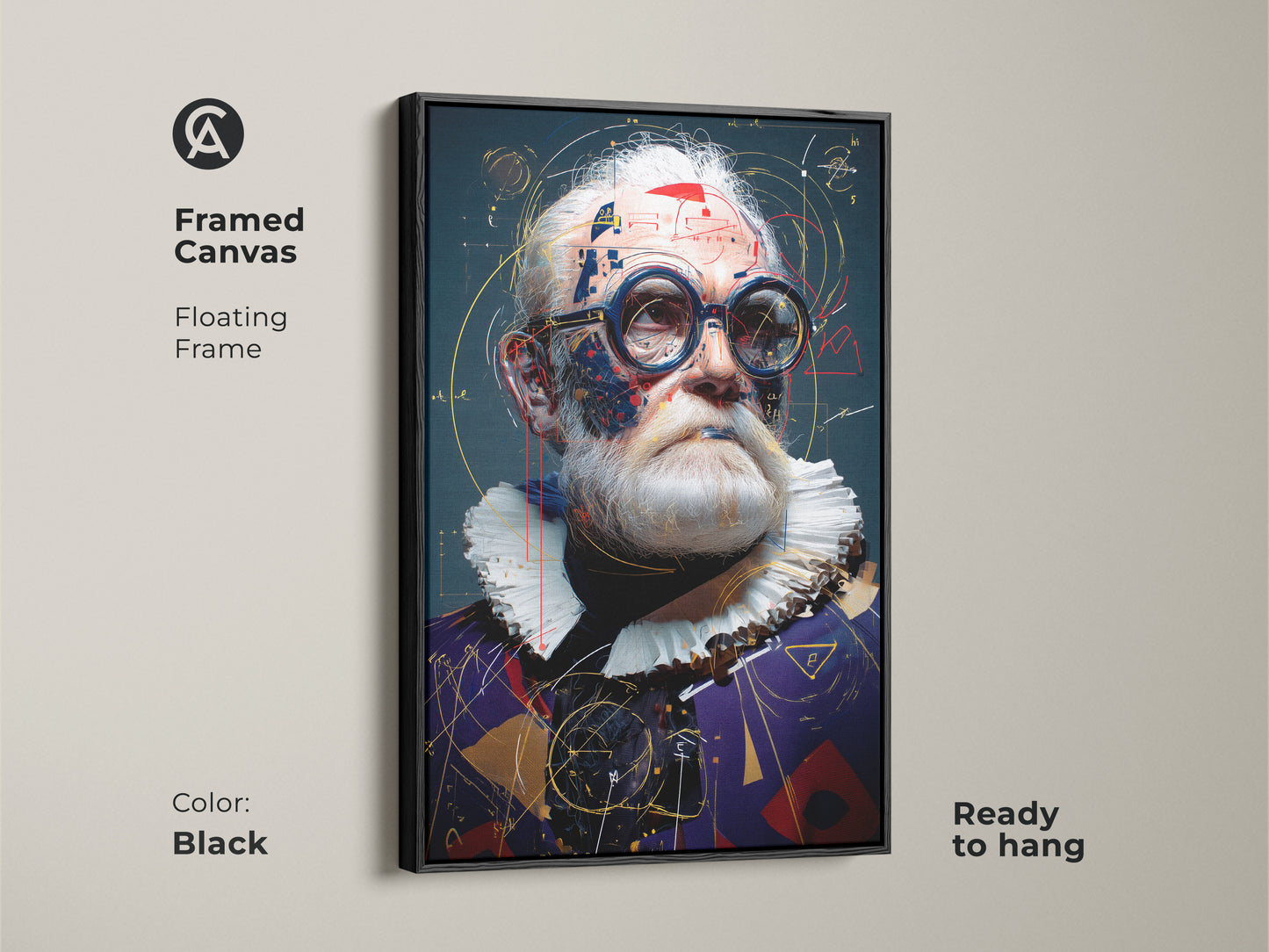 Framed canvas featuring a steampunk scientist portrait. This abstract artwork has a floating black frame. The ready to hang piece adds sophisticated style to any wall. It's perfect for science lovers.
