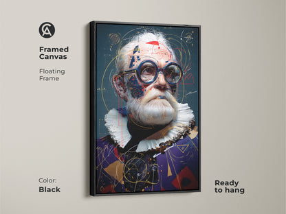 Framed canvas featuring a steampunk scientist portrait. This abstract artwork has a floating black frame. The ready to hang piece adds sophisticated style to any wall. It's perfect for science lovers.