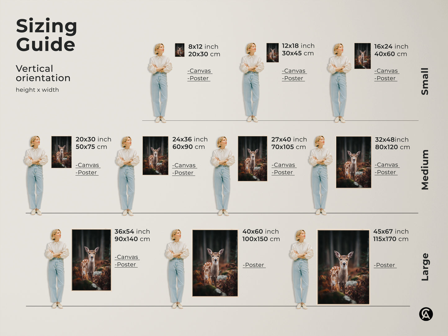 Sizing guide for vertical fawn in forest canvas prints. Sizes range from small to large. Options available in both canvas and poster prints. Find the perfect fit for your space with this rustic wildlife art.