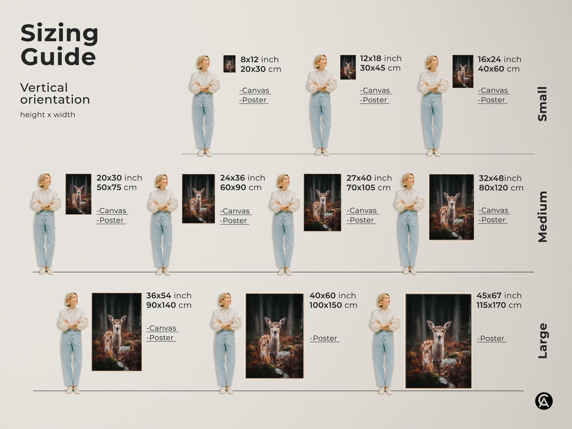 Sizing guide for vertical fawn in forest canvas prints. Sizes range from small to large. Options available in both canvas and poster prints. Find the perfect fit for your space with this rustic wildlife art.