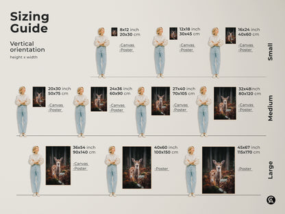 Sizing guide for vertical fawn in forest canvas prints. Sizes range from small to large. Options available in both canvas and poster prints. Find the perfect fit for your space with this rustic wildlife art.