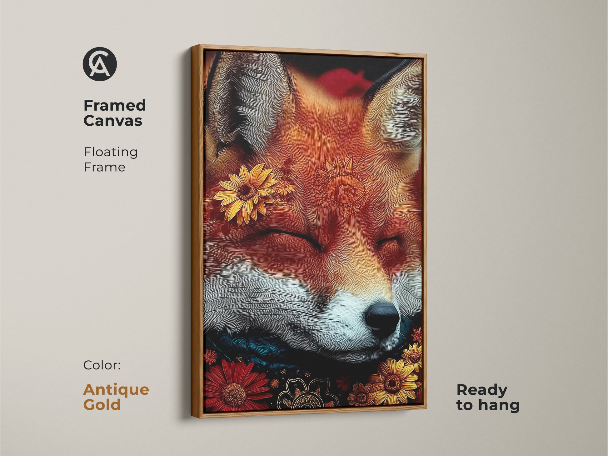 A framed canvas art piece showing a sleeping fox with sunflowers in an antique gold floating frame. This boho animal artwork adds a cozy nature vibe to any space. Ready to hang this orange yellow and red print is perfect for home decor.