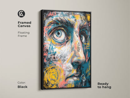 Framed canvas art with a floating black frame ready to hang. The artwork shows a person's face with blue hues and abstract graffiti. Shop this modern artwork to elevate your space. The black frame enhances the colors.