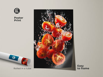 Poster print of tomatoes splashing in water. Rolled in a tube for easy framing. This museum-quality paper brings out the artwork. Ideal for adding a pop of color to your kitchen. A great gift for foodies. The poster is easy to frame.