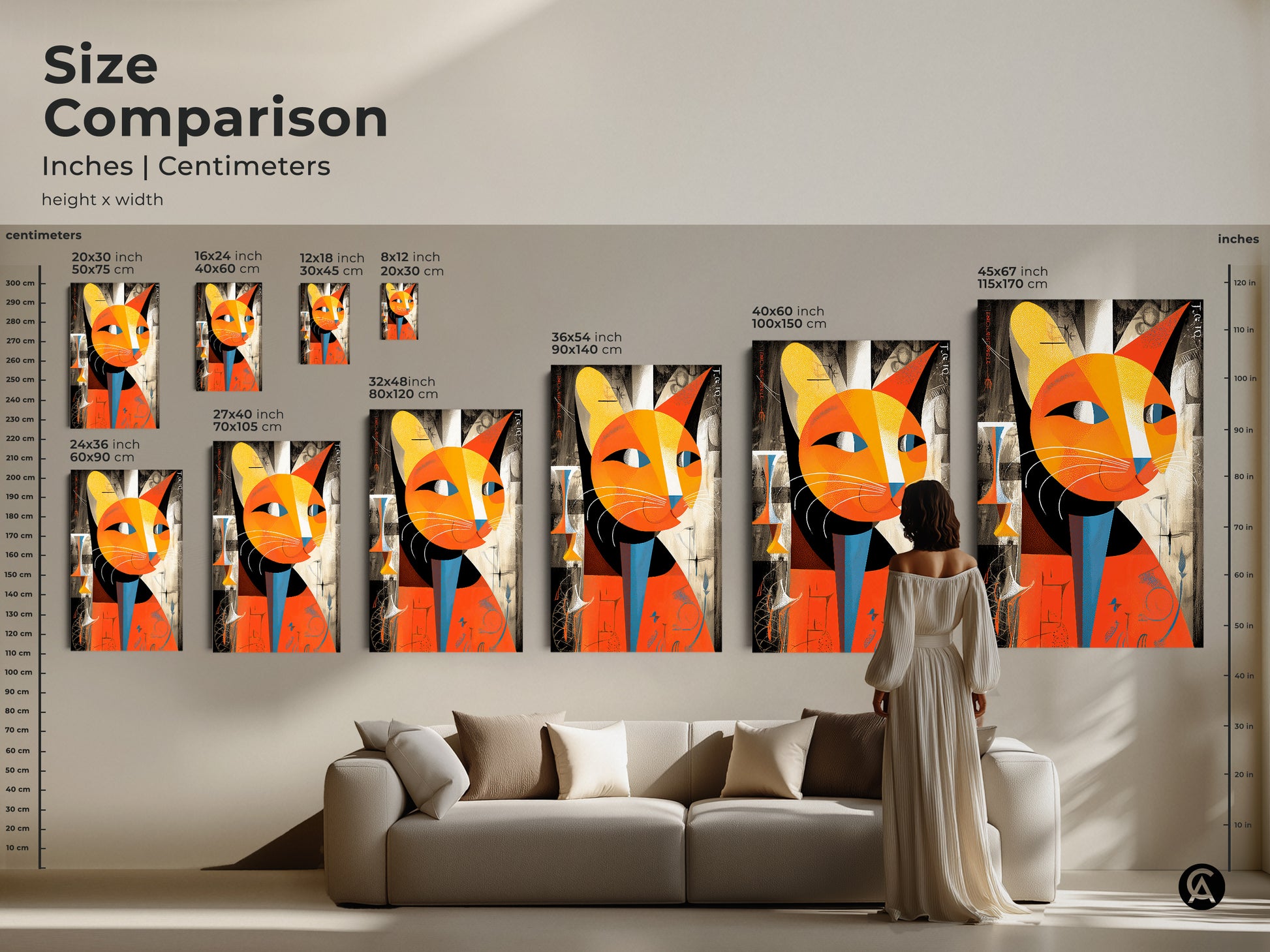 Size comparison of abstract cat artwork in inches and centimeters. Visualize how the orange and yellow cubist feline print complements your room. Perfect wall decor for cat lovers and modern art enthusiasts alike.