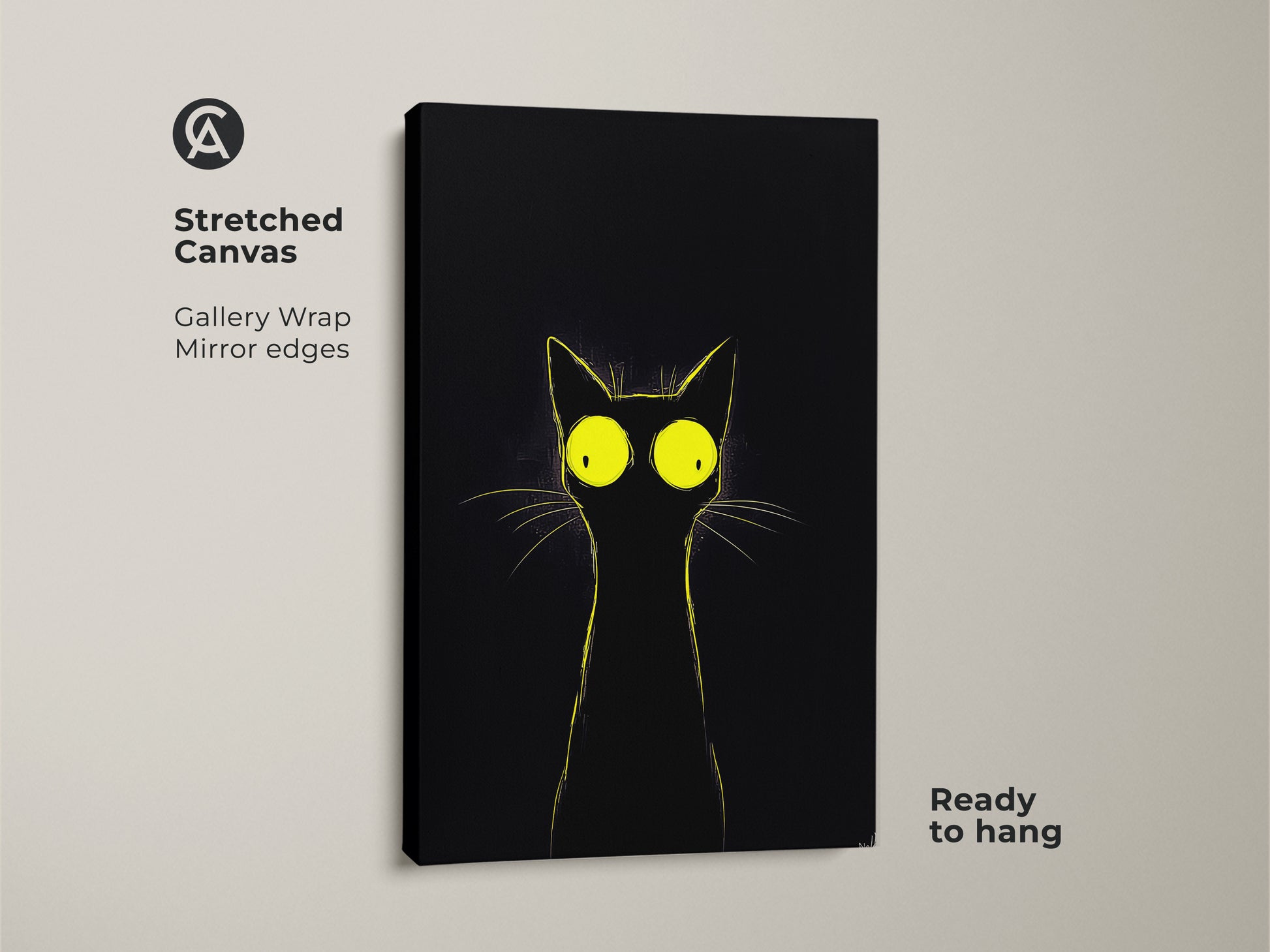 Stretched canvas print showcasing a minimalist black cat with yellow eyes. The gallery wrap and mirror edges give it a modern look. Ready to hang this animal wall decor brings eclectic charm to any space. It is a perfect gift for cat moms who appreciate funny cat paintings and unique pet themed artwork.