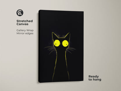 Stretched canvas print showcasing a minimalist black cat with yellow eyes. The gallery wrap and mirror edges give it a modern look. Ready to hang this animal wall decor brings eclectic charm to any space. It is a perfect gift for cat moms who appreciate funny cat paintings and unique pet themed artwork.