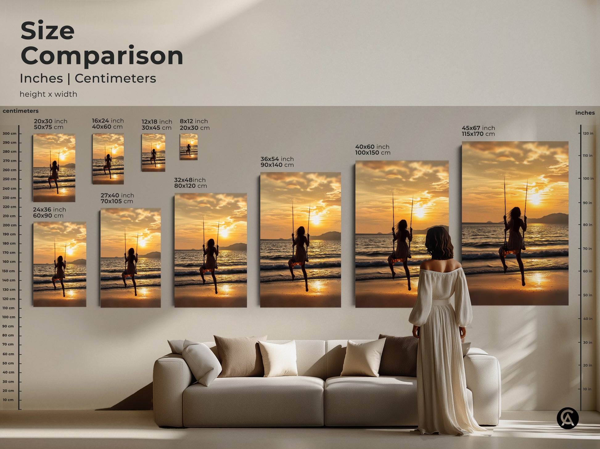 Size comparison of coastal boho beach sunset wall art. Visualize the scale of woman on swing canvas prints. Ranging from small 8x12 to large 45x67 inches. Perfect for adding a golden yellow ocean waves wall art to your home. See how this serene beach scene print fits above your sofa.