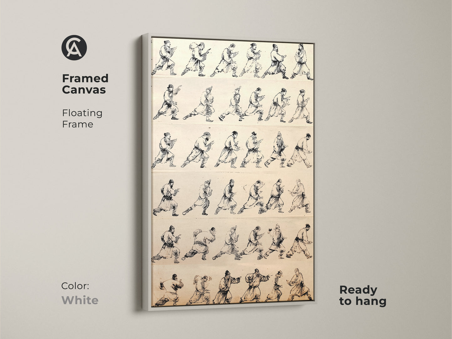 A framed canvas in white displays traditional Chinese ink wash art. Minimalist black and white artwork depicts martial arts warrior movement studies. The floating frame wall decor brings disciplined energy and historical depth. The ready to hang kung fu master print is perfect.
