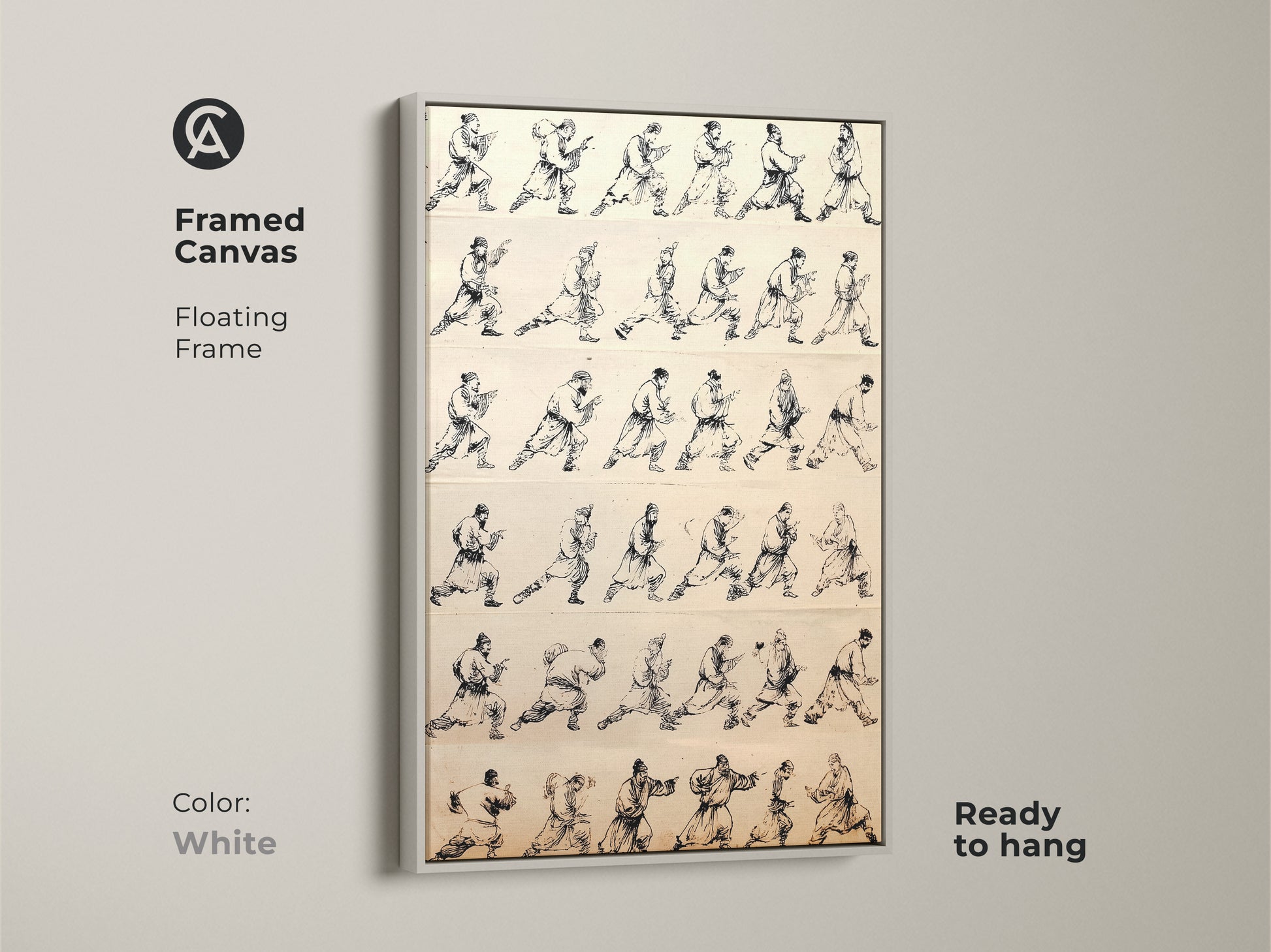 A framed canvas in white displays traditional Chinese ink wash art. Minimalist black and white artwork depicts martial arts warrior movement studies. The floating frame wall decor brings disciplined energy and historical depth. The ready to hang kung fu master print is perfect.