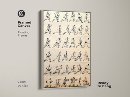 A framed canvas in white displays traditional Chinese ink wash art. Minimalist black and white artwork depicts martial arts warrior movement studies. The floating frame wall decor brings disciplined energy and historical depth. The ready to hang kung fu master print is perfect.