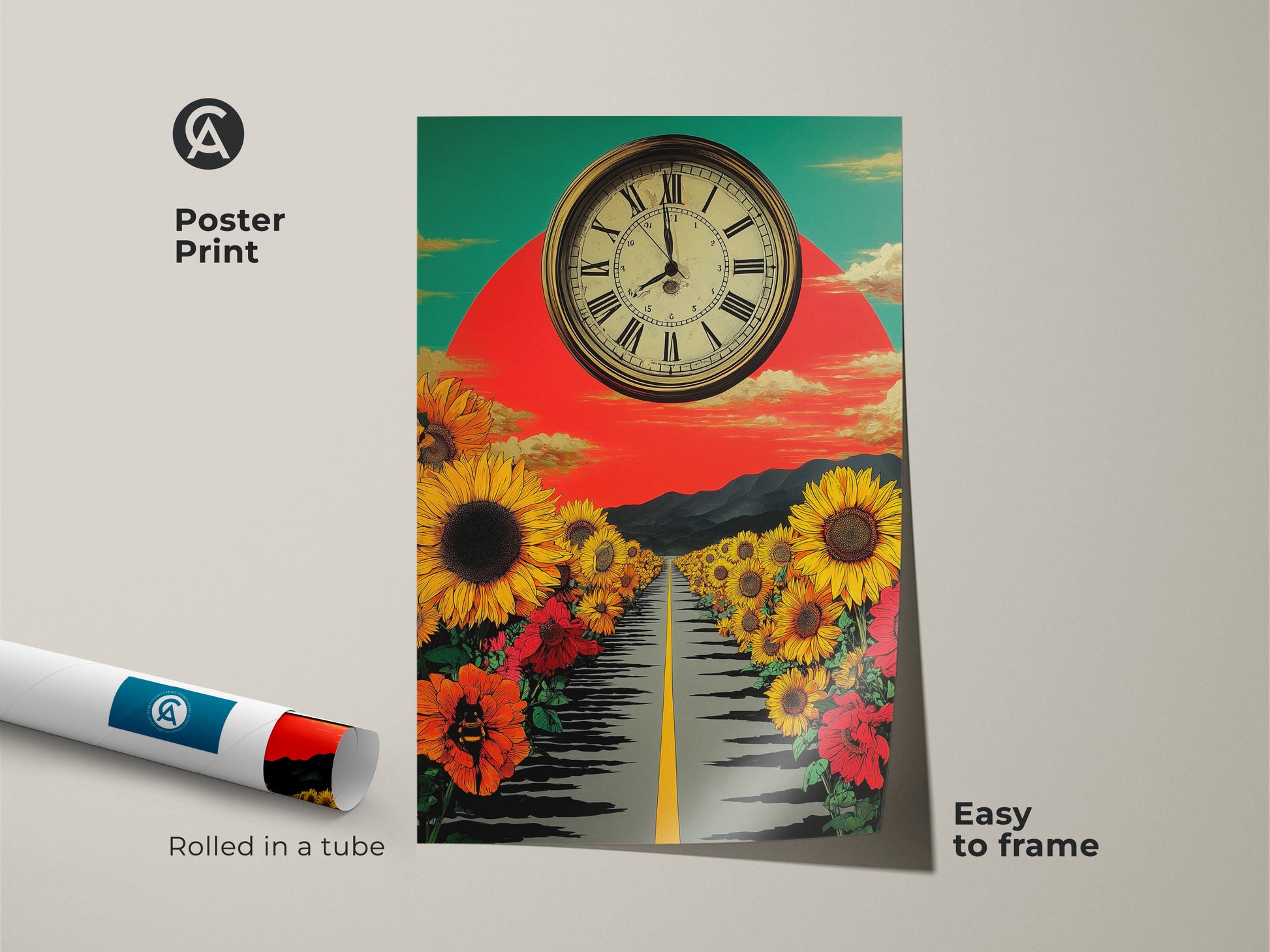Easy-to-frame poster print of a surreal sunflower road. The artwork shows a retro clock above a path lined with vibrant sunflowers. Rolled in a tube for protection. The eclectic nature wall art adds a unique touch to any hallway.